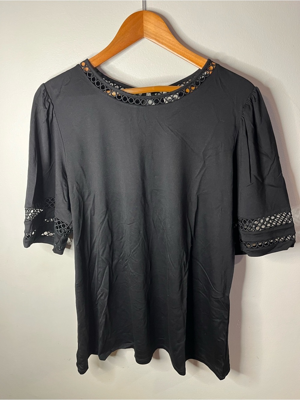 Anne Klein Black Short Sleeve Top with Eyelet Trim